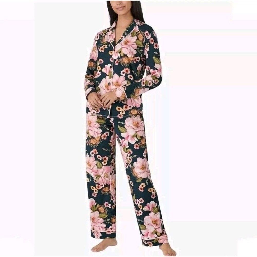 Room Service Women's XXL Stretch Jersey Knit 2pc Collared Pajama Set Floral NWT